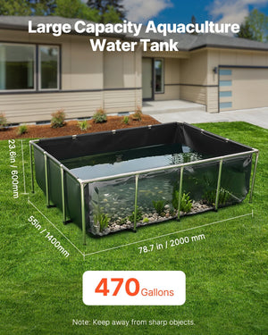Canvas Fish Pond, 470 Gal Above Ground Fish Pond, PVC Koi Tank with Clear Viewing Panel, Rectangular Goldfish Tank with Stainless Steel Frame & Drain Valve, for Breeding Koi, Irrigation(Black)