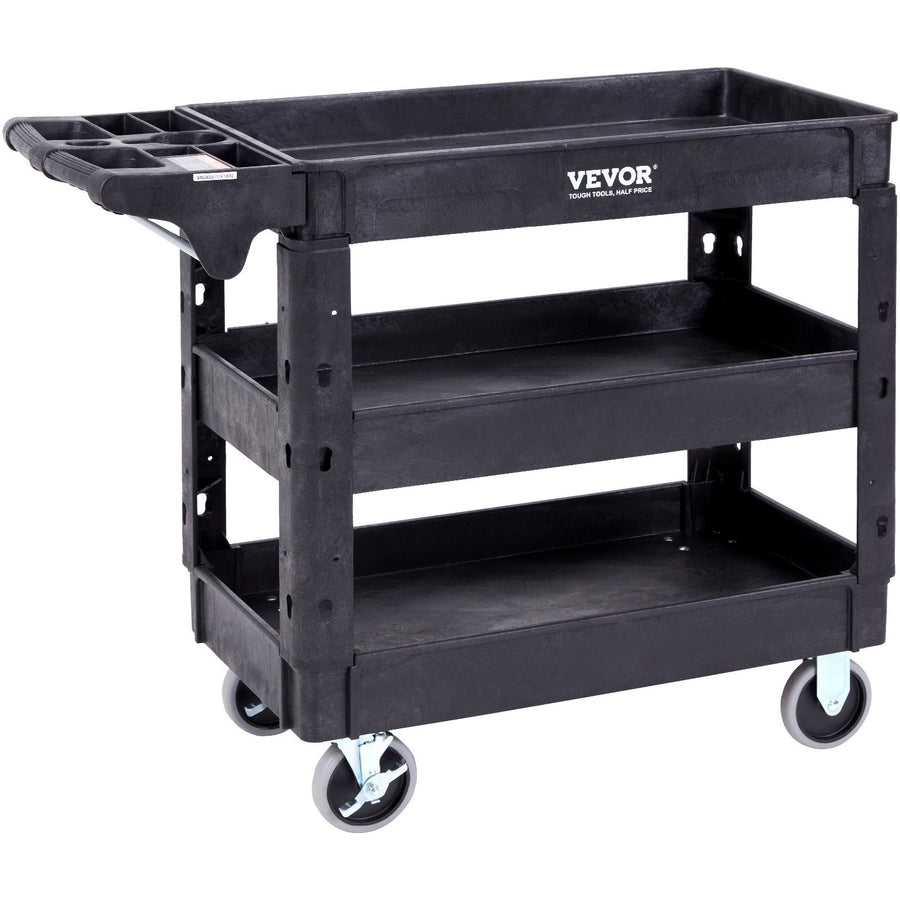 Utility Service Cart, 550 LBS Laod Capacity, 3 Shelf Heavy Duty Plastic Rolling Utility Cart with 360? Swivel Wheels (2 with Brakes), Ergonomic Storage Handle for Warehouse/Garage/Cleaning