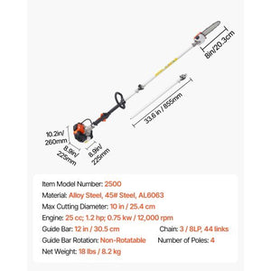 Gas Pole Saw, 25CC 2 Stroke Gas Powered Pole Saws with 8 in Cutting Bar, Cordless Tree Trimmer with 23 fl.oz Fuel Tank, 6.5 to 9 ft Extendable, Powerful Chainsaw for Tree Trimming Pruning