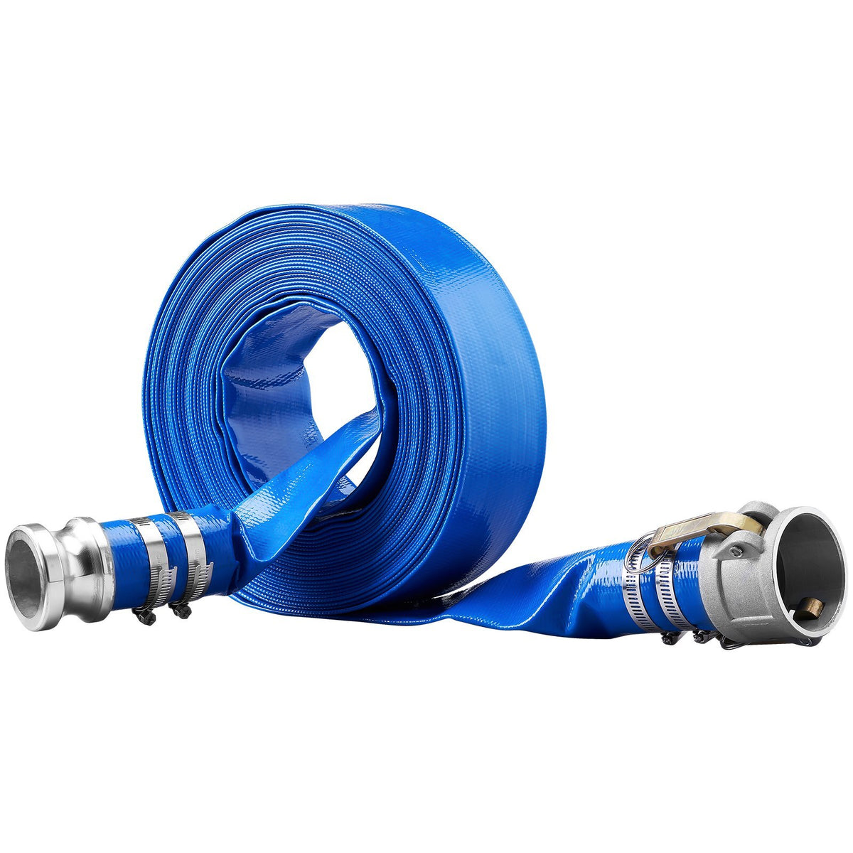Pool Drain Hose, 2 inch by 50 ft, Durable PVC Material, Includes Aluminum Camlock C & E Connectors and Clamps, Fits Pumps and Sand Filters, Ideal for Pool Water Removal, Blue