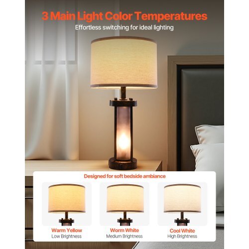 Table Lamps Set of 2, Dimmable Farmhouse Bedside Nightstand Lamps, Vintage Lamp with LED Bulb and Linen Shades, Bedside Lamp with USB C+A Ports & AC Outlet, for Living Room, Bedroom & Office