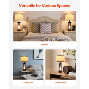 Table Lamps Set of 2, Dimmable Farmhouse Bedside Nightstand Lamps, Vintage Lamp with LED Bulb and Linen Shades, Bedside Lamp with USB C+A Ports & AC Outlet, for Living Room, Bedroom & Office