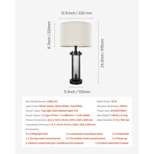 Table Lamps Set of 2, Dimmable Farmhouse Bedside Nightstand Lamps, Vintage Lamp with LED Bulb and Linen Shades, Bedside Lamp with USB C+A Ports & AC Outlet, for Living Room, Bedroom & Office