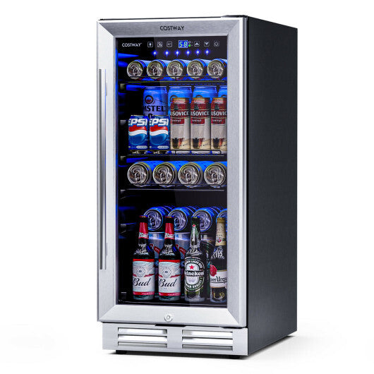 15 Inch 100 Can Built-in Freestanding Beverage Cooler Refrigerator with Adjustable Temperature and Shelf-Silver