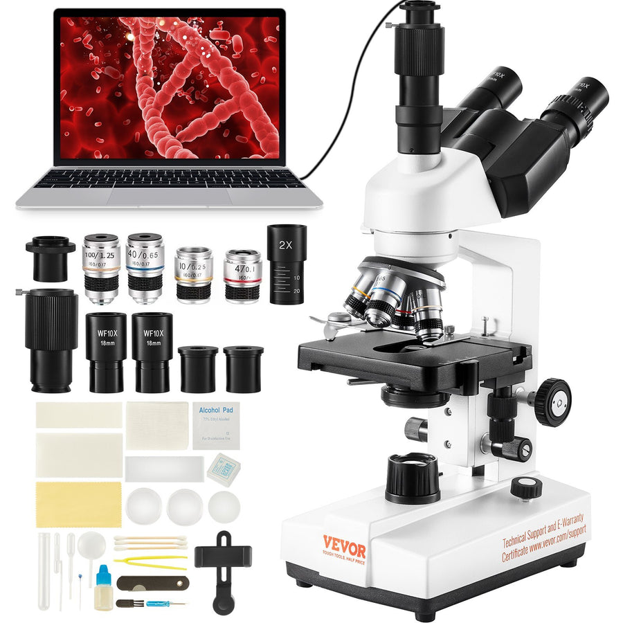 Compound Trinocular Microscope, 40X-5000X Magnification Trinocular Compound Lab Microscope with Two-Layer Mechanical Stage, External Interface, LED Illumination and Microscope Slides Included