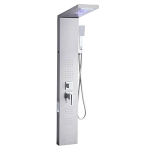 Shower Panel Tower System with Rainfall Waterfall Shower Head, LED, 53 in Brushed Stainless Steel Shower Column, 5-Function Faucet, Wall-Mount Rain Massage System, with Handheld and Tub Spout