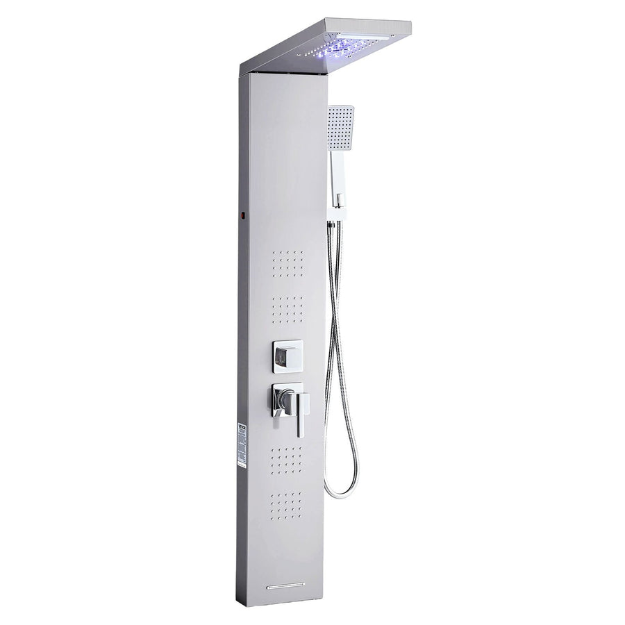 Shower Panel Tower System with Rainfall Waterfall Shower Head, LED, 53 in Brushed Stainless Steel Shower Column, 5-Function Faucet, Wall-Mount Rain Massage System, with Handheld and Tub Spout