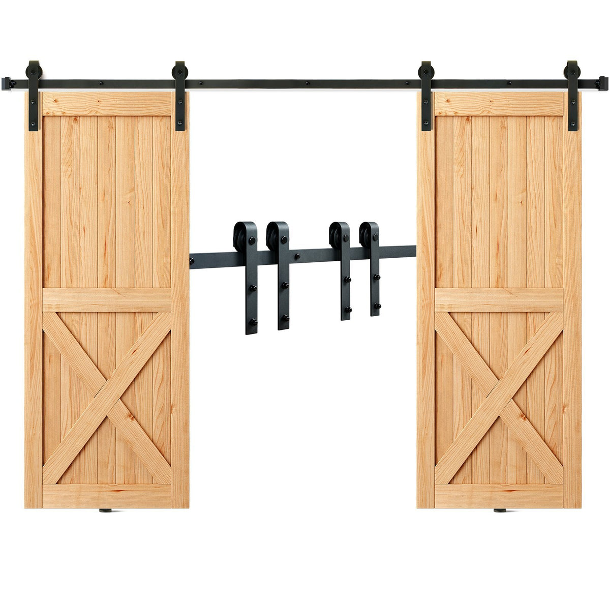 8FT Sliding Barn Door Hardware Kit, 330LBS Heavy Duty Barn Door Track Kit for Double Doors, Fit 3.7-4.3FT Total Wide and 1.3"-1.8" Thick 2 Door Panel, with Smooth & Silent Pulley (J Shape)