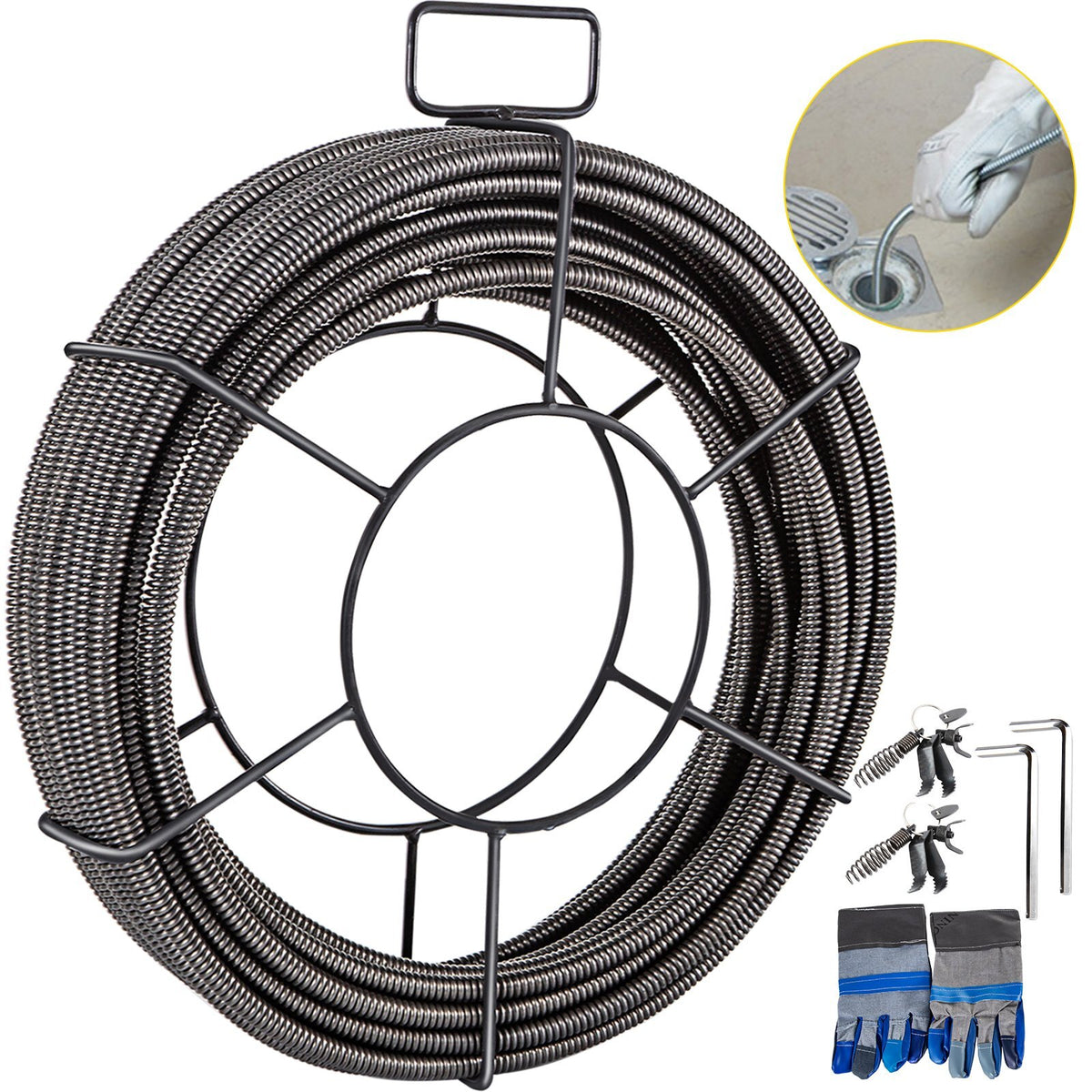 Drain Cleaning Cable 100 FT x 3/8 Inch, Solid Core Steel Sewer Cable with 4 Cutter for 2" to 4" Pipes, Sewer Auger Cleaner Cable for Sink, Floor Drain, Toilet