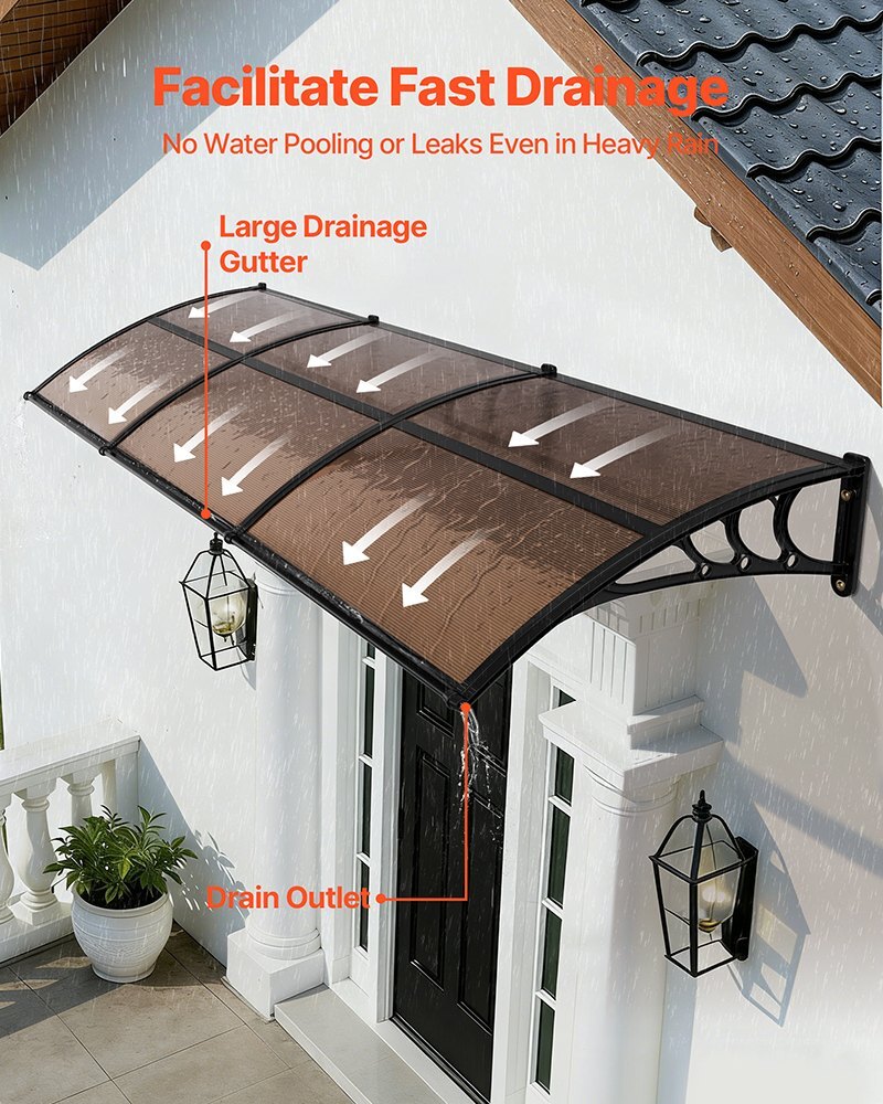 Awnings for Door Entrance, 38 x 117 in, Exterior Front Door Window Awnings with Drainage & ABS Bracket, Rain Snow Sun Protection, Overhang Polycarbonate Door Canopy for Porch Patio, Brown