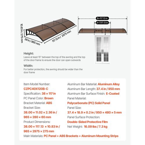 Awnings for Door Entrance, 38 x 117 in, Exterior Front Door Window Awnings with Drainage & ABS Bracket, Rain Snow Sun Protection, Overhang Polycarbonate Door Canopy for Porch Patio, Brown