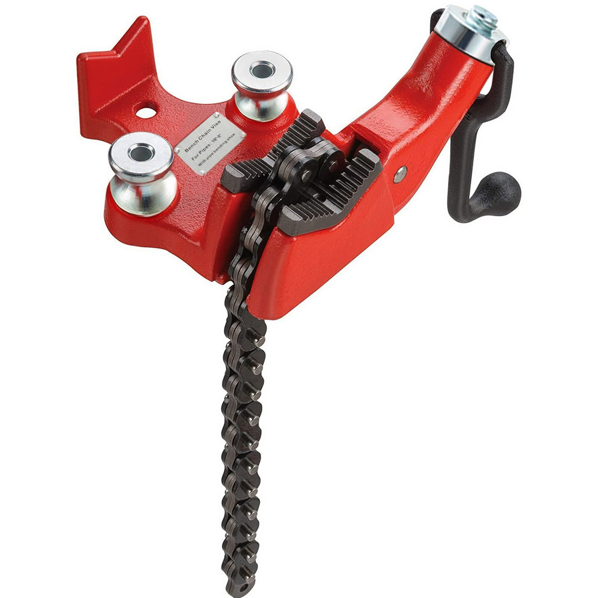 Screw Bench Chain Vise 1/8 to 5-Inch Pipe Capacity, Heavy Duty Bench Chain Pipe Vise with Crank Handle, Neoprene-Coated Jaw, Cast Iron Material Ideal for a Variety of Pipes