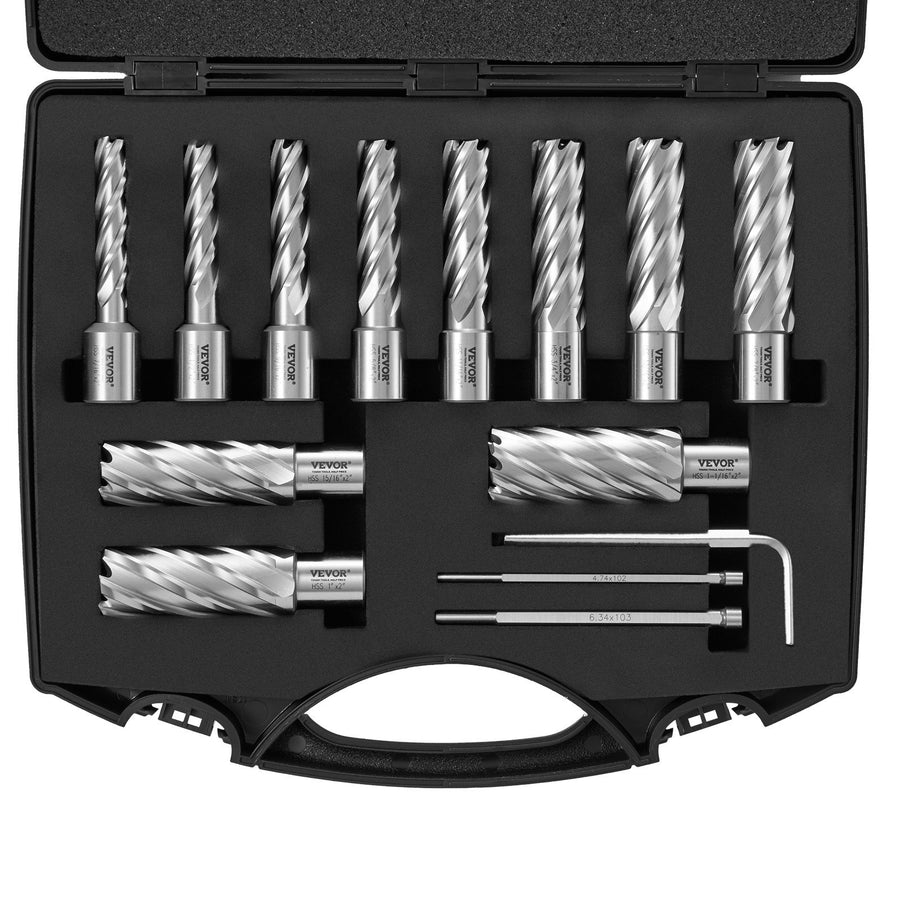 Annular Cutter Set, 13 pcs Weldon Shank Mag Drill Bits, 7/16" to 1-1/16" Cutting Diameter, 2" Cutting Depth, M2AL HSS, with 2 Pilot Pins, Hex Wrench and Portable Case, for Using with Magnetic Dr