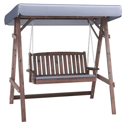 2-Person Porch Swing with Fir Wood Stand and Tilt Canopy-Brown