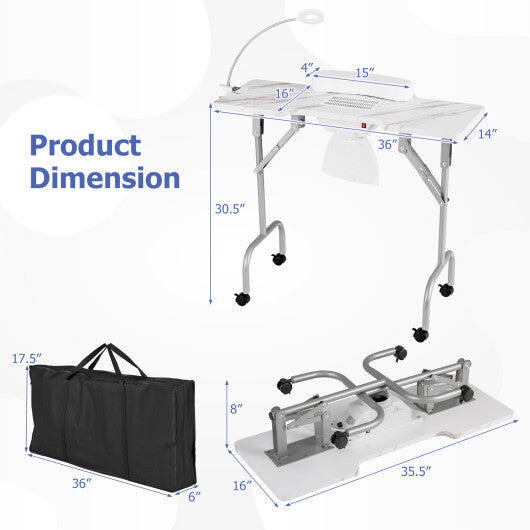 Folding Manicure Nail Table with Electric Dust Collector-White - Color: White