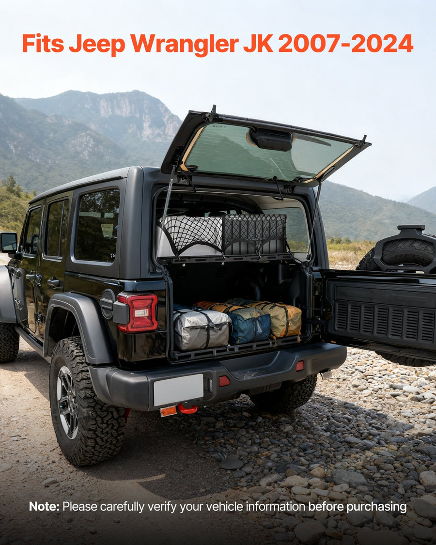 Rear Trunk Cargo Rack, for 2007-2024 Jeep Wrangler JK 4-Door Hardtops, 300 lbs Capacity, Carbon Steel Basket Tray Interior Storage Luggage Carrier with Net, Shelf Stand Organizer for Camping Trip Gear, Black