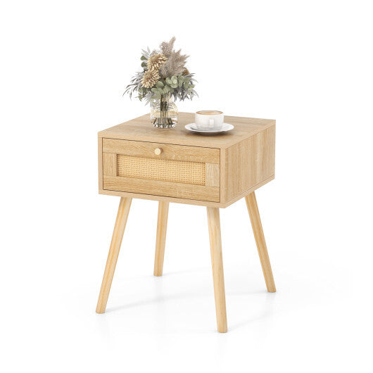 Modern Rattan Nightstand with Drawer and Solid Wood Legs for Bedroom and Living Room-Natural