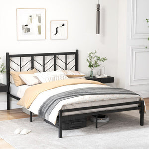 Queen Size Platform Bed with Headboard and Metal Frame-Queen Size - Color: Black - Size: Queen Size