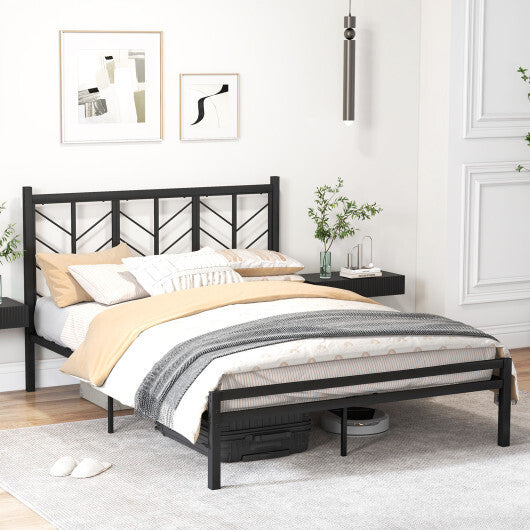Queen Size Platform Bed with Headboard and Metal Frame-Queen Size - Color: Black - Size: Queen Size