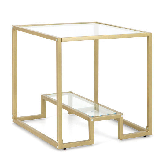 22 Inch 2-Tier Square Sofa Side Table with Tempered Glass Tabletop-Bronze