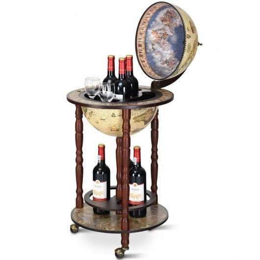 17 Inch Italian Style Design Wooden Globe Liquor Bottle Wine Rack with Wheels