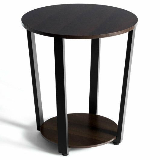 2-tier Round End Table with Storage Shelf & Metal Frame-Walnut - Color: Walnut