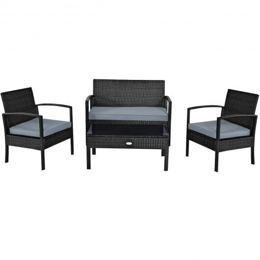 4 Pieces Patio Rattan Cushioned Furniture Set with Loveseat and Table -Brown