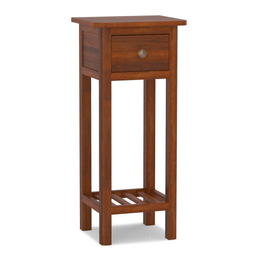 2 Tier Slim Nightstand Bedside Table with Drawer Shelf-Brown - Color: Natural