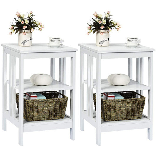 2 Pieces 3-Tier Nightstand with Reinforced Bars and Stable Structure-White - Color: White