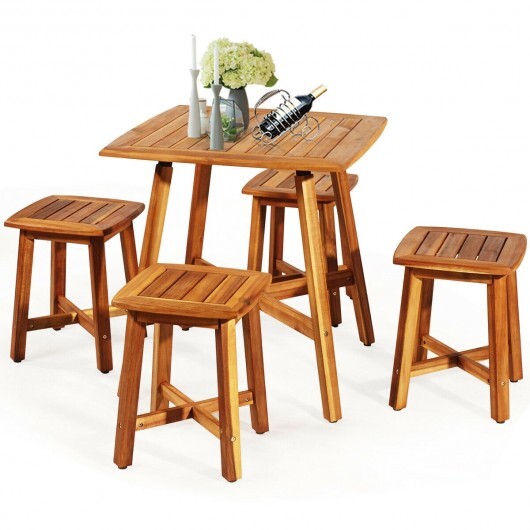 5 Pieces Wood Patio Dining Set with Square Table and 4 Stools