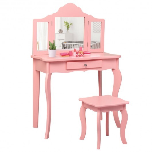 Kids Makeup Dressing Mirror Vanity Table Stool Set