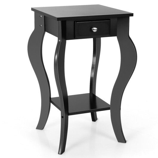 2-Tier End Table with Drawer and Shelf for Living Room Bedroom-Black - Color: Black