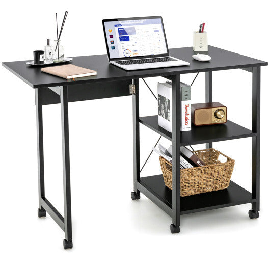 Folding Writing Office Desk with Storage Shelves-Black