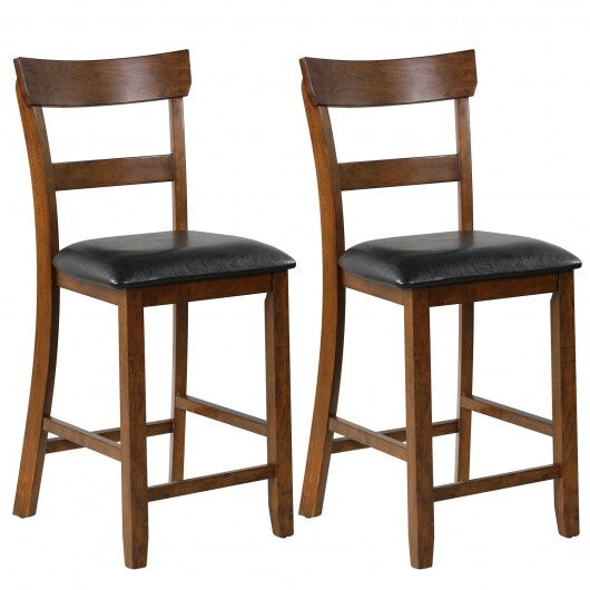 2 Pieces Counter Height Chair Set with Leather Seat and Rubber Wood Legs