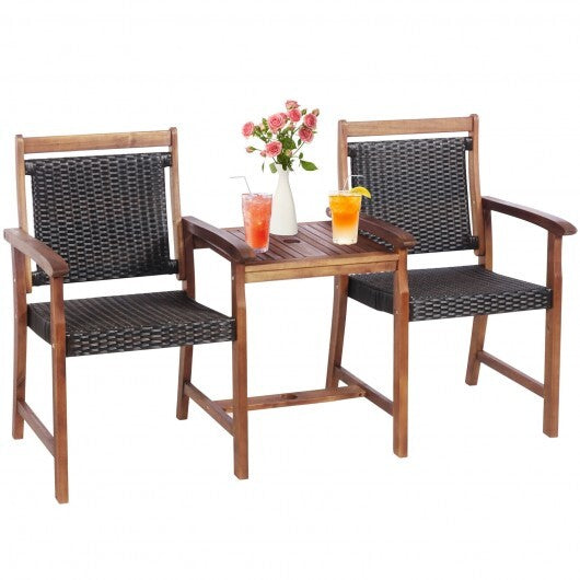 2-Seat Patio Rattan Acacia Wood Chair with Coffee Table