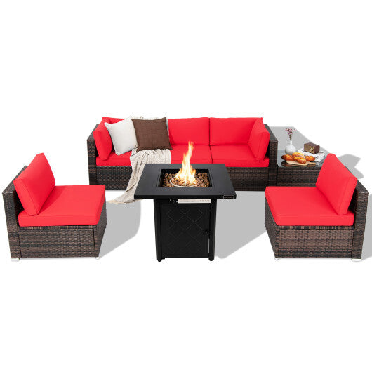 7 Pieces Patio Furniture Set with 28 Inches 50000 BTU Propane Gas Fire Pit Table-Red