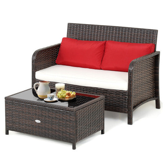 2 Pieces Wicker Loveseat Set with Coffee Table