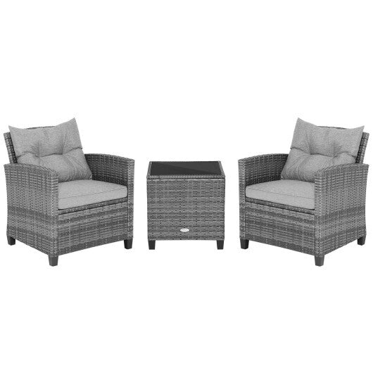 3 Pieces Outdoor Wicker Conversation Set with Tempered Glass Tabletop-Gray