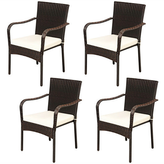 Set of 4 Patio Rattan Stackable Dining Chair with Cushioned Armrest for Garden