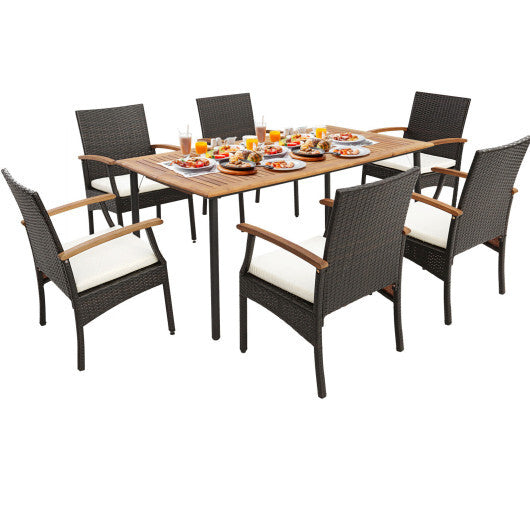 7 Pieces Patio Wicker Cushioned Dining Set with Wood Armrest and Umbrella Hole