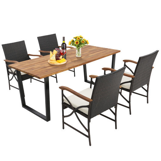 5 Pieces Patio Rattan Dining Set with Acacia Wood Tabletop and Armrests