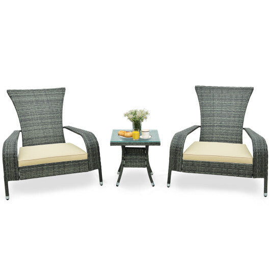 3-Piece Wicker Adirondack Set with Comfy Seat Cushions-Gray