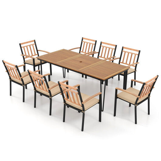 9-Piece Patio Dining Set 35.5 Inch Acacia Wood Table with Umbrella Hole and 24-Inch Wide Chairs