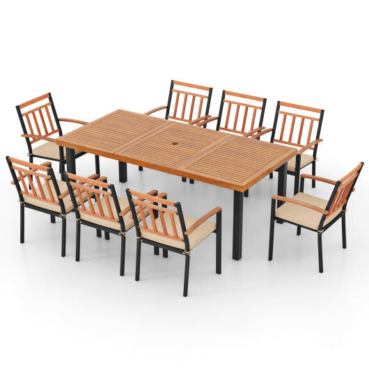 9 Pieces Patio Dining Set 39.5 Inch Acacia Wood Table with Umbrella Hole and 24-Inch Wide Chairs