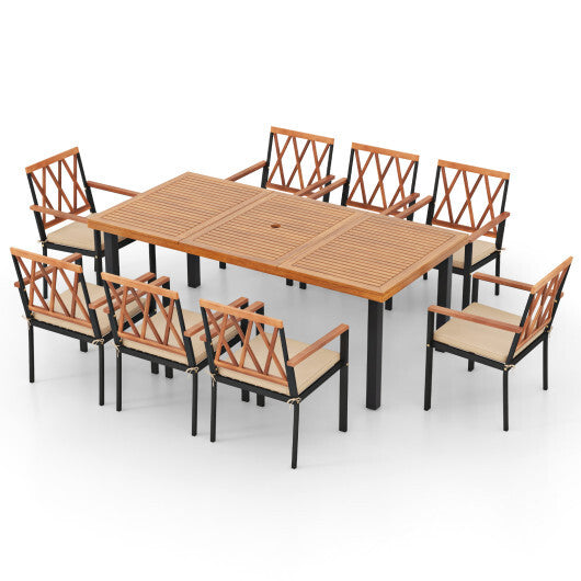 9 Pieces Patio Dining Set 39.5 Inch Acacia Wood Table with Umbrella Hole and 22.5-Inch Wide Chairs