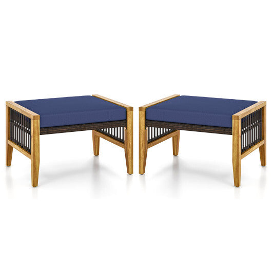 Patio Acacia Wood Ottomans with Cushions and Versatile Rattan Woven Footstools-Navy