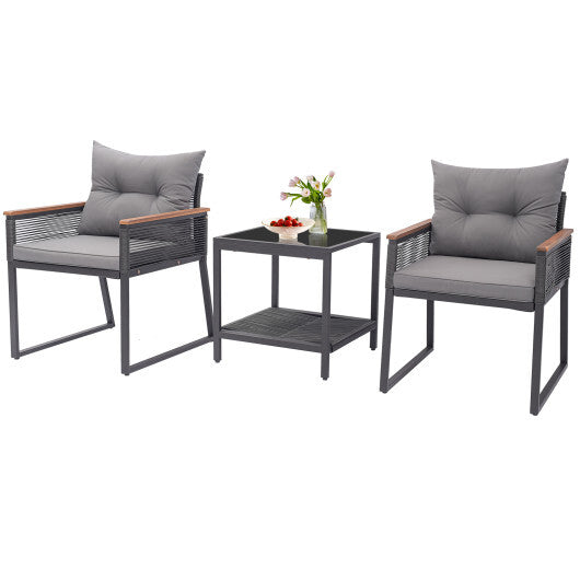 3 Pieces Patio Furniture Set with 2 Tier Coffee Table and Soft Seat Cushions-Gray