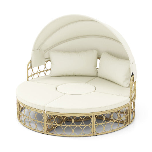 Outdoor Patio Round Daybed with Retractable Canopy and Soft Cushions-White