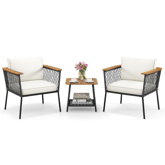 3 Piece Patio Furniture Set Rattan Chair Set with 2-Tier Coffee Table-White