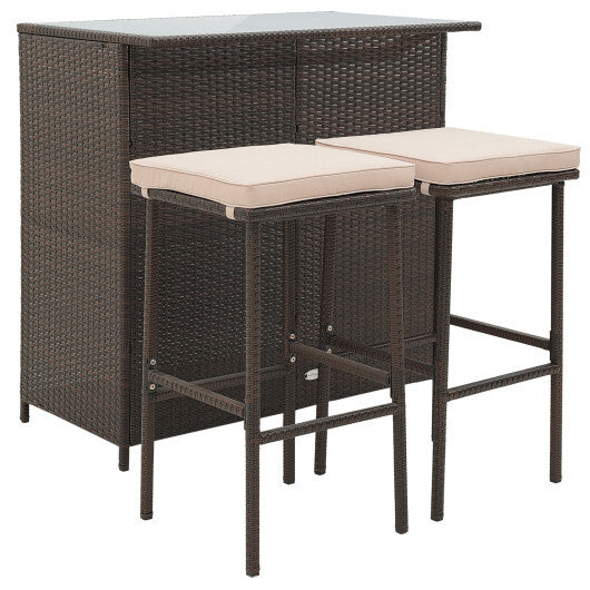 3 Pcs Patio Bar Set with Tempered Glass Tabletop-Brown